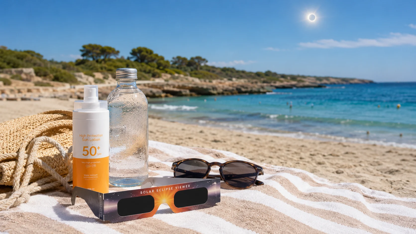 Gafas de eclipse y protector solar sobre una toalla de playa
