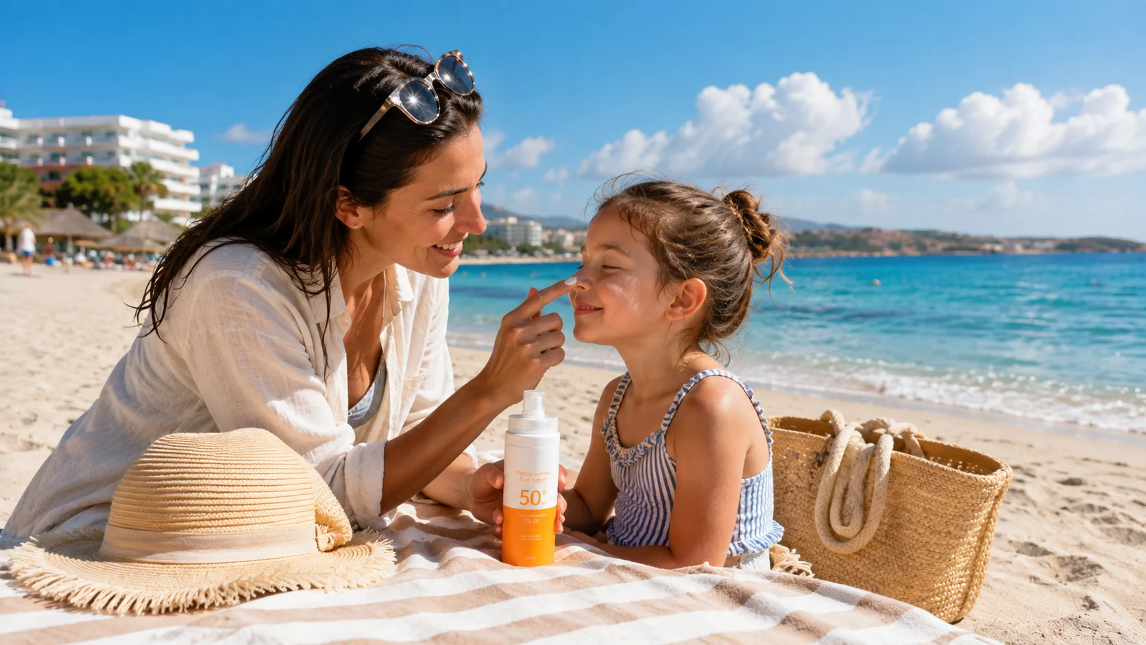 Madre aplicando fotoprotector a una niña en la playa